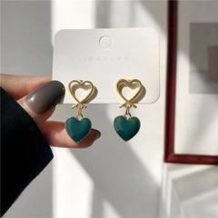 Fashion Simple Sweet Double Heart Shaped Dark Green Drop Oil Earrings
