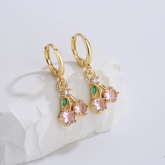 Cute Style Copper 18K Gold Micro Inlaid Zircon Flower Cherry Geometric Earrings 