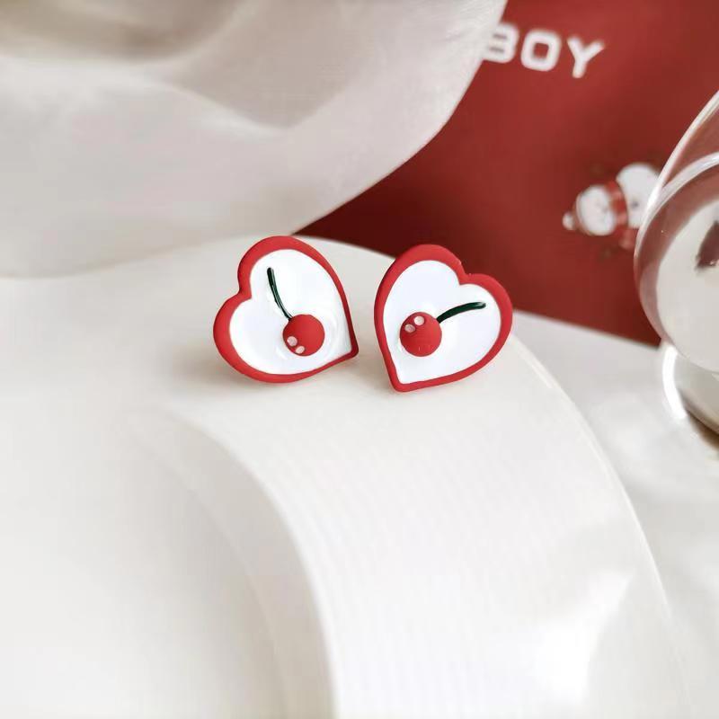 Fashion Heart Shaped Cute Cherry Pattern Alloy Earrings Contrast Colorpicture2