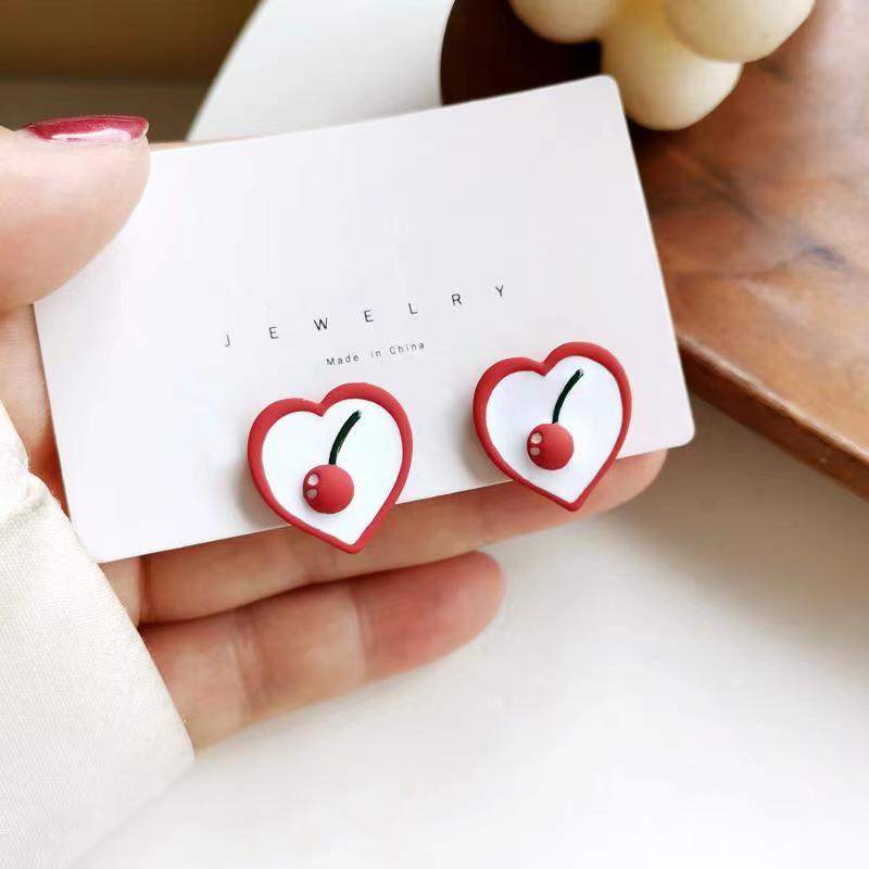 Fashion Heart Shaped Cute Cherry Pattern Alloy Earrings Contrast Colorpicture3
