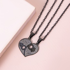 Couples Puzzle Peach Heart Stainless Steel Thick Chain Necklace