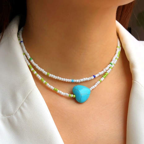 collier turquoise en forme de coeur multicouche perlé rétro à la mode's discount tags