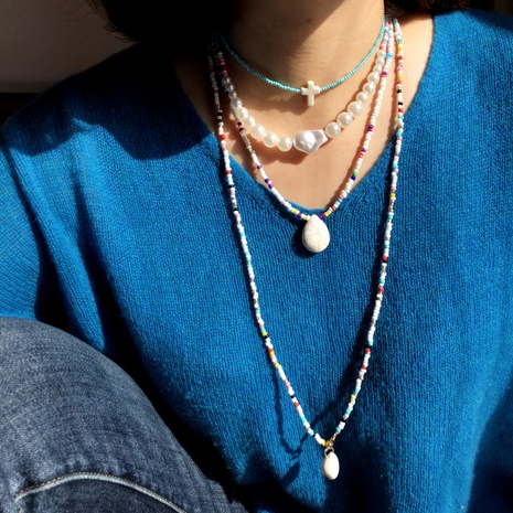 Mode retro mehrschichtige Perlen türkisfarbene Halskette's discount tags