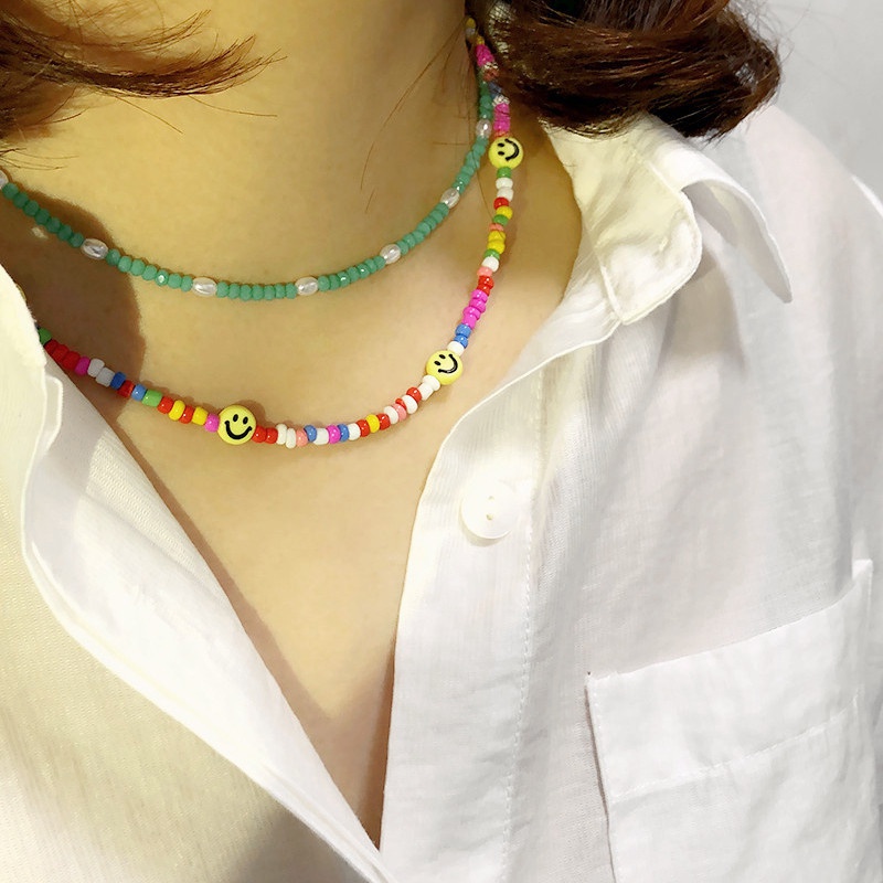 Spring crystal collarbone chain smile beads stacked color necklace