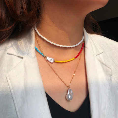 Collar con colgante de perlas en forma especial con combinación de múltiples capas de cadena de cuentas de colores mezclados's discount tags