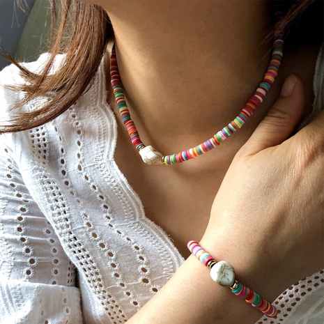 Fashion jewelry Bohemian color hand-sliced soft pottery necklace bracelet two-piece set's discount tags