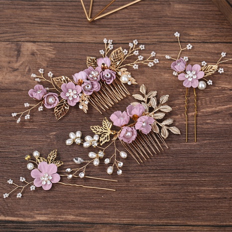 coiffe de mariée diamants fleurs violettes peigne à cheveux perle en forme de U's discount tags