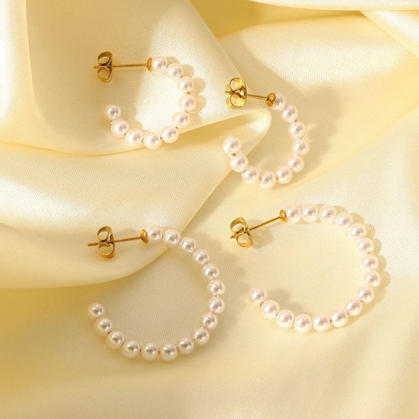 Pendientes de aro de perla en forma de C de acero inoxidable de oro de 18 quilates de moda's discount tags