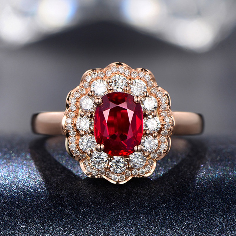 blood ruby flower full diamond open copper ring plated rose gold red crystal