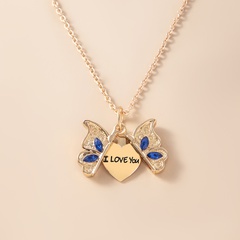 Fashion Butterfly Inlaid Sapphire Lettering Heart Pendent Alloy Necklace