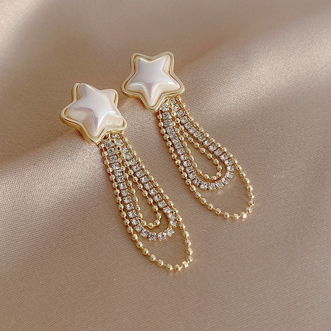 fashion pearl rhinestone pentagram tassel copper earrings's discount tags