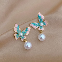 retro color drip oil butterfly pearl earrings