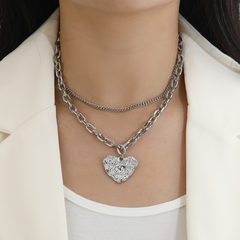 fashion double heart pendant geometric multi-layer thick clavicle chain
