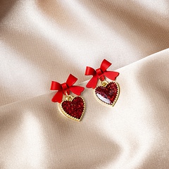 simple red heart oil dripping diamond long tassel bow earrings