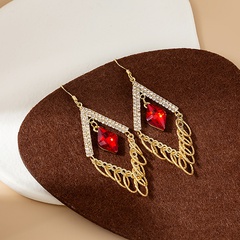 fashion hollow geometric red diamond crystal circle tassel earrings