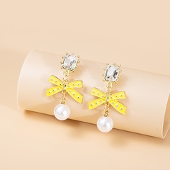 simple long tassel bow pearl diamond earrings