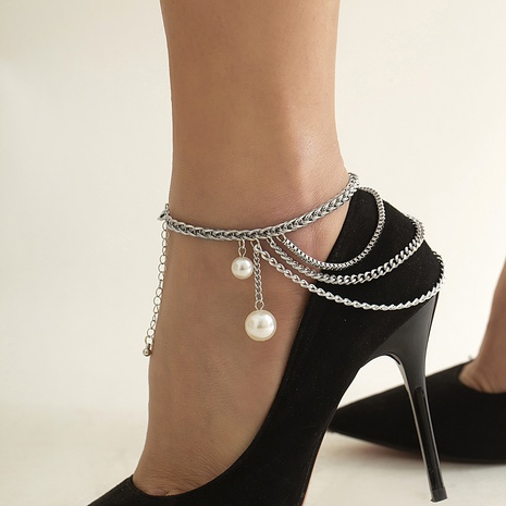 jewelry fashion metal chain geometric U-shaped tassel single imitation pearl retro anklet's discount tags