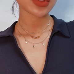 fashion moon star pendant alloy three-layer diamond-encrusted necklace