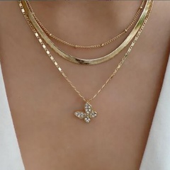 fashion retro full diamond butterfly pendant alloy three-layer necklace