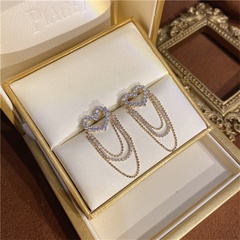 Fashion heart-shaped rhinestone tassel chain alloy earrings