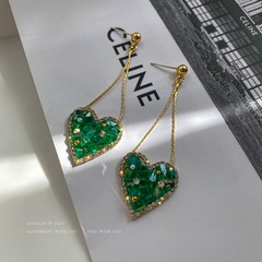 Fashion green crystal heart-shaped tassel alloy earrings