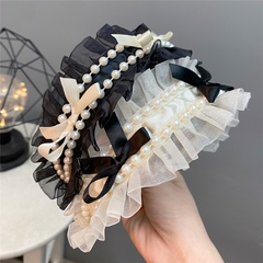 Fashion lace bow headband sweet double row pearl wide-brimmed hair accessories