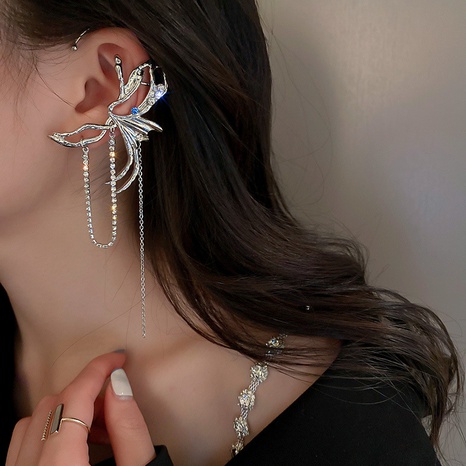 simple inlaid rhinestone butterfly tassel earrings ear clips's discount tags