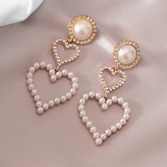 Fashion Geometric Pearl Rhinestone Double Heart Long Alloy Earrings