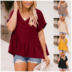 2022 spring and summer new women's tops waffle solid color v-neck short-sleeved loose T-shirt