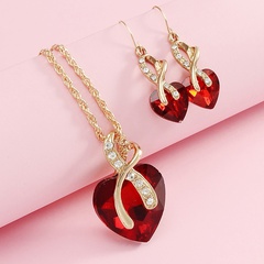 Fashion Jewelry Crystal Heart Peach Heart Necklace Earring Set
