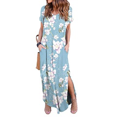 2022 spring new printed ladies short-sleeved pullover V-neck knitted long skirt casual dress