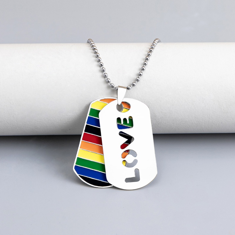 Rainbow LOVE drip oil tag pendent alloy beads chain necklace