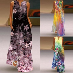2022 printemps et été nouvelle robe longue sans manches pour femmes col en v floral rétro imprimé robe vêtements pour femmes