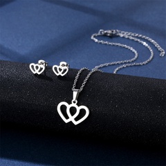 fashion stainless steel double heart necklace earrings set
