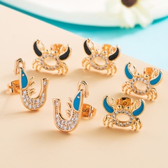 fashion new copper gold-plated micro-set zircon oil drop crab earrings