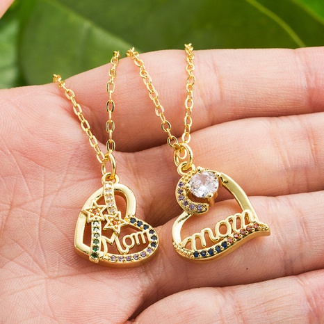 Collar de circonitas con incrustaciones de cobre chapado en oro de 18 quilates con colgante de corona MOM en forma de corazón simple's discount tags