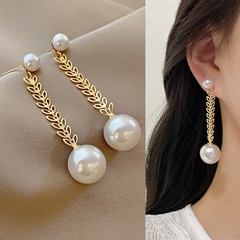 fashion pearl tassel hollow leaves fishbone long copper earrings