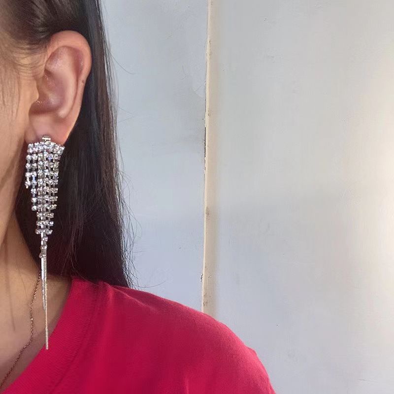 Silver Needle French Rhinestone Earrings Female Claw Chain Crystal Tassel Long Personality Stud Earrings