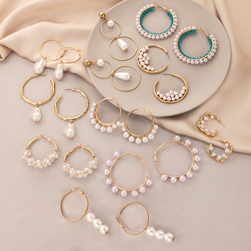 AliExpress Crossborder Fashion OL Jewelry Pearl Beaded Ring Earrings Rice Bead Alloy Geometric Earrings