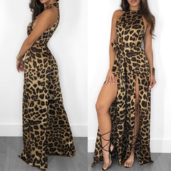 new sexy leopard print sleeveless lace up long slit jumpsuit women's clothing