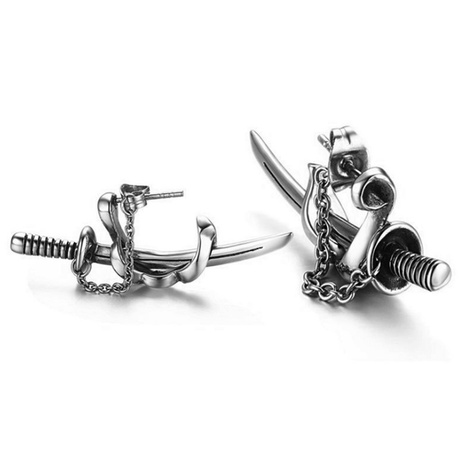 Pendientes de acero de titanio para hombre con cadena de espada cruzada geométrica a la moda's discount tags