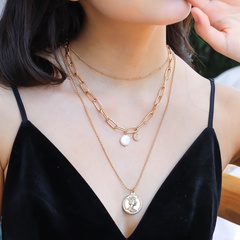 retro coin pendant Baroque pearl multi-layer alloy necklace wholesale