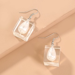 simple creative acrylic square transparent water drop pearl pendant earrings