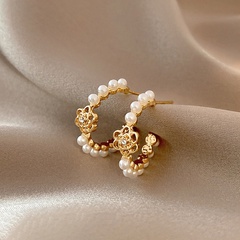 fashion camellia pearl diamond C-shaped alloy earrings wholesale