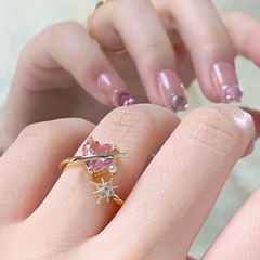 Fashion cute pink heart-shaped pearl star zircon copper open index finger ring