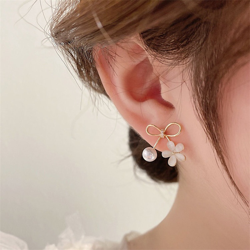 Fashion Pearl Opal Flower Bow Copper Stud Earrings