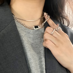 fashion simple black geometric square double-layered titanium steel necklace