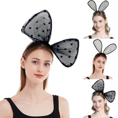 new black with polka dot lace bow bunny ears headband