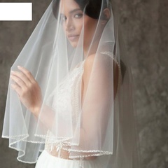 fashion simple beaded double veil bride wedding short veil