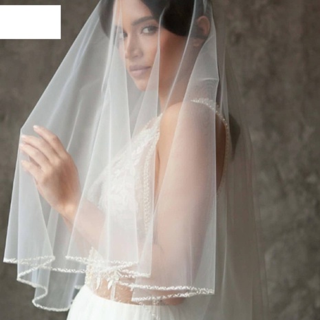 velo corto de boda de novia de velo doble con cuentas simple de moda's discount tags